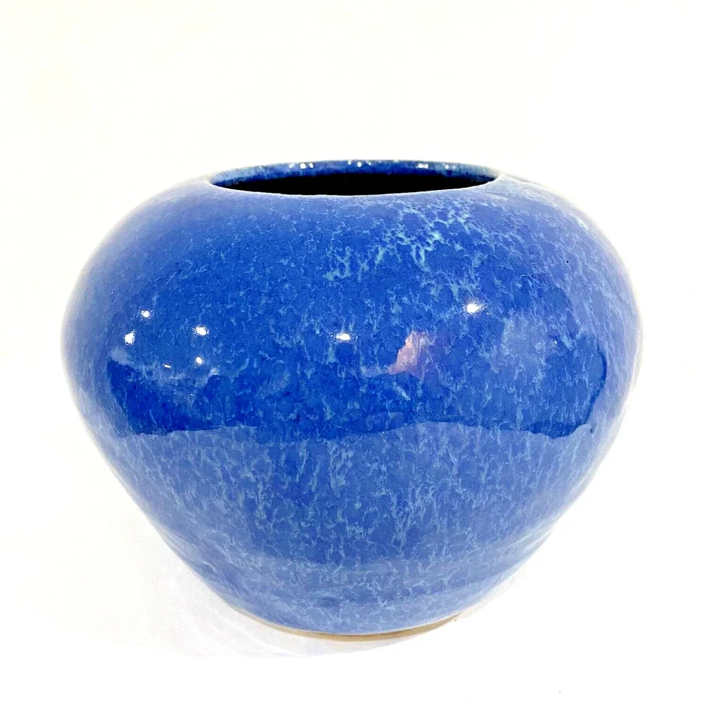 Studio pottery flower pot vase planter deep blue ovoid organic cottage farmhouse